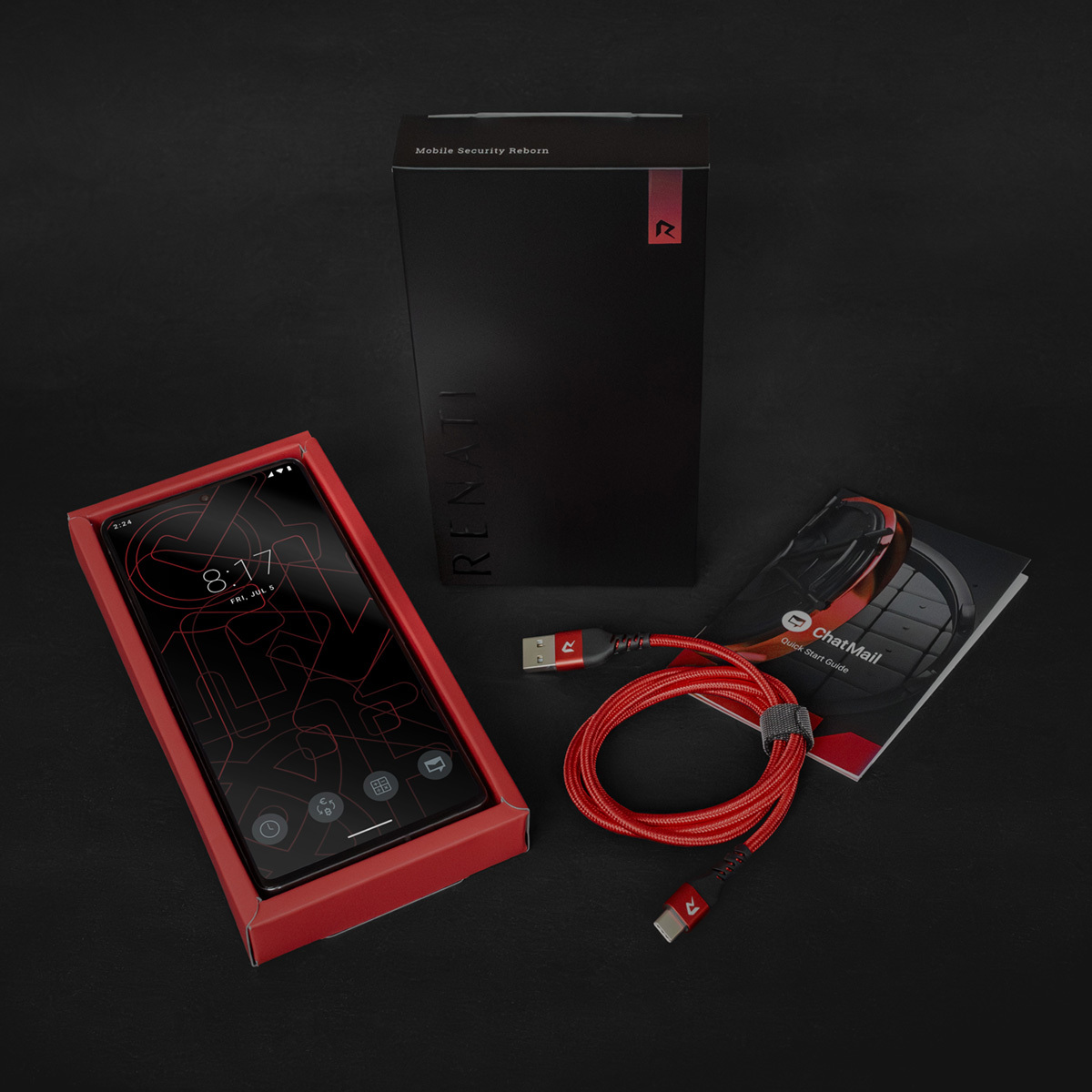 Preview of Renati phone and retail box with usb cable and ChatMail manual.